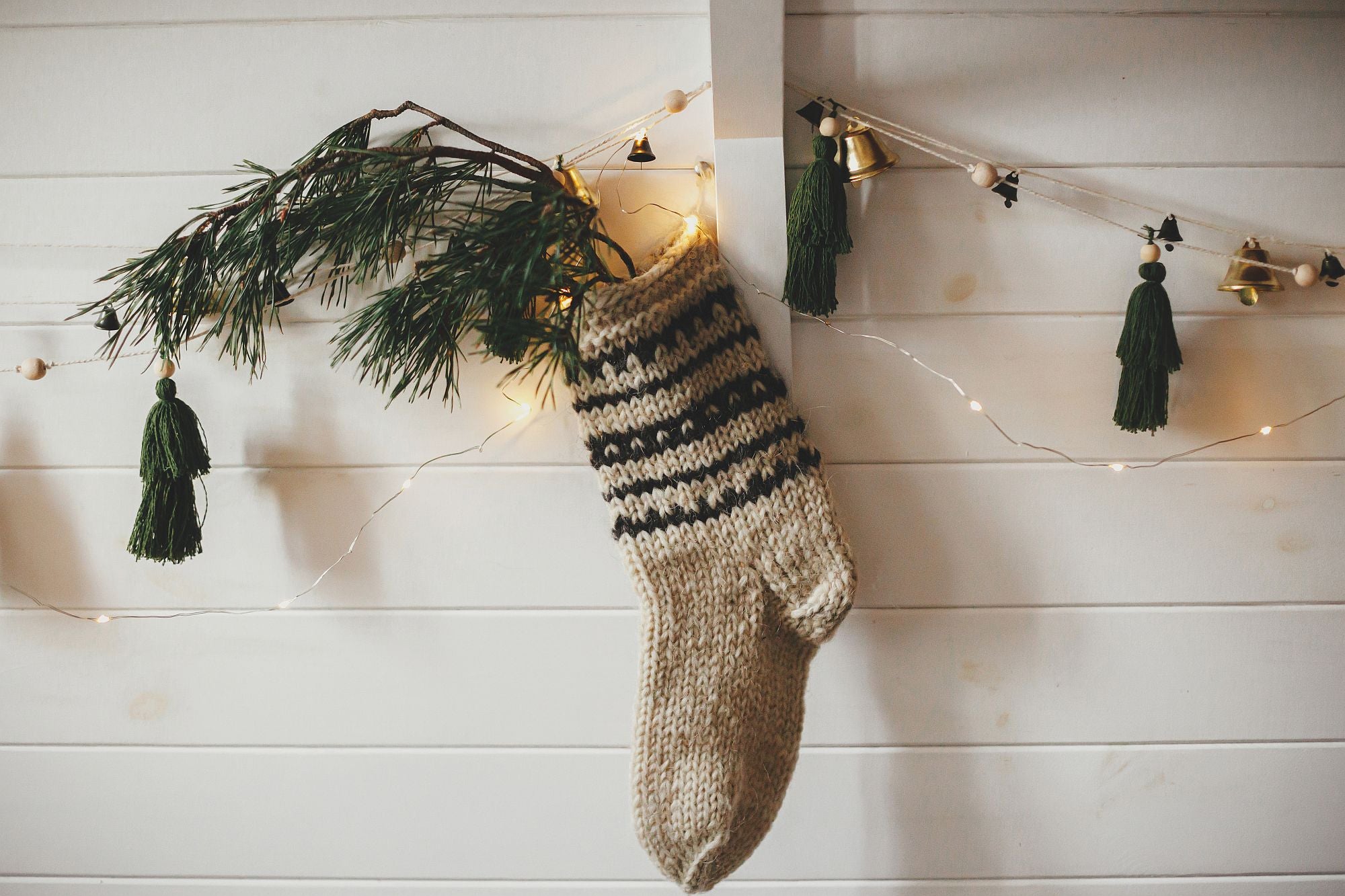 Hand Knit Stocking with Pine Bough