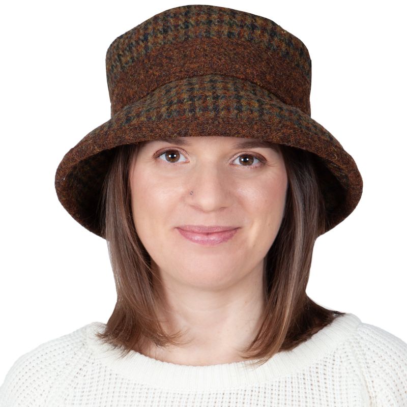Harris Tweed Brimmed Derby Hat-Winter Sun Protection-Made in Canada by Puffin Gear-Moor Check/Copper Heather