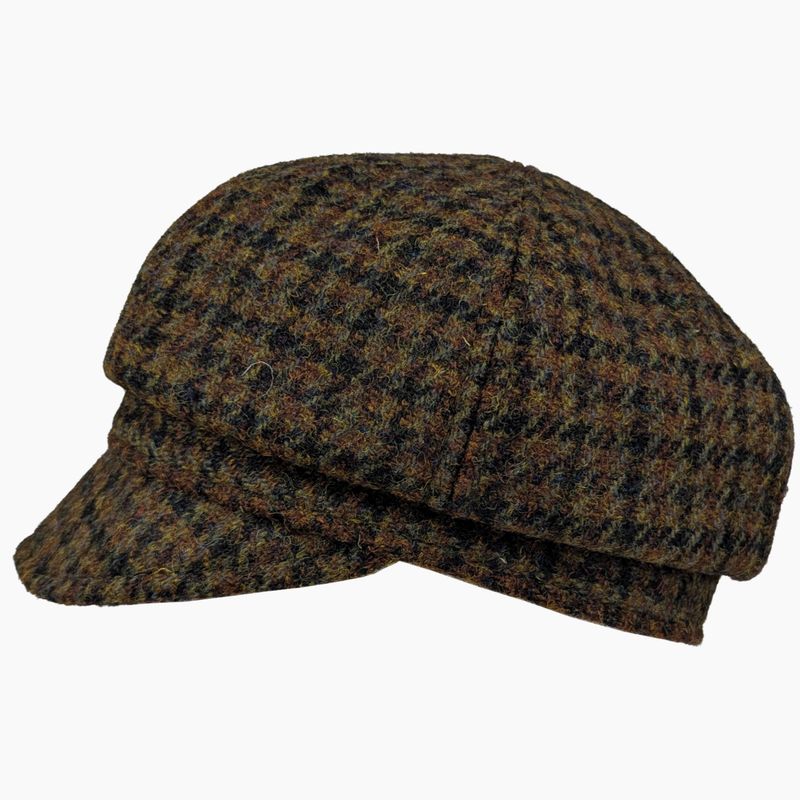Harris Tweed Wool Newsboy Cao in Moor Check copper and olive tweed. on white background