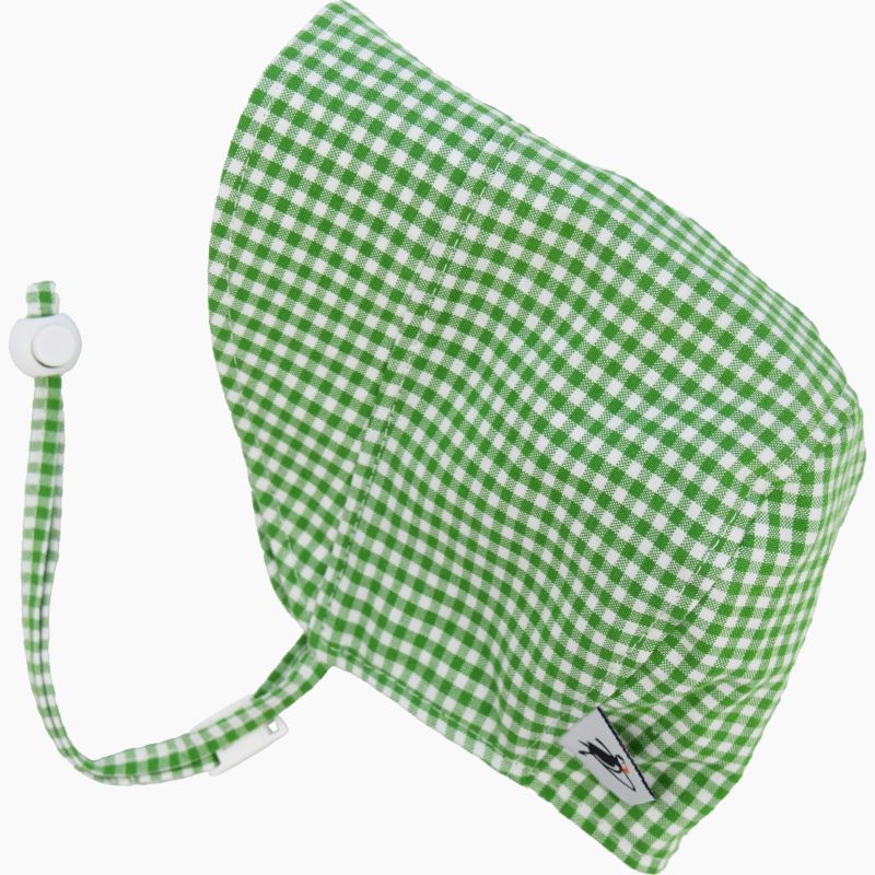 Infant and Toddler Sun Bonnet-UPF50-Chin Tie with Cord Lock and Safety Break Away Clip-Made in Canada by Puffin Gear-Kelly Green and White Check