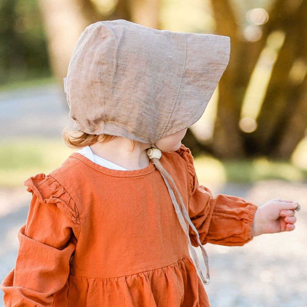 Infant and Toddler Sun Protection Bonnet with Chin Tie, Cord Lock and Safety Break Away Clip-Made in Canada by Puffin Gear-Linen Natural-Machine Washable
