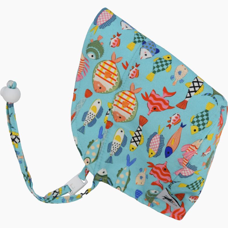 Infant and Toddler Sun Bonnet-UPF50-Chin Tie with Cord Lock and Safety Break Away Clip-Made in Canada by Puffin Gear-Coral Reef Fish print