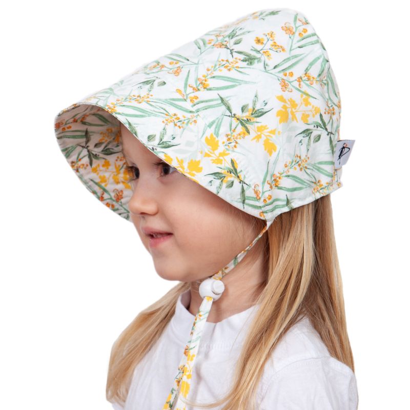 Infant and Toddler Sun Bonnet-UPF50-Chin Tie with Cord Lock and Safety Break Away Clip-Made in Canada by Puffin Gear-Meadow Print