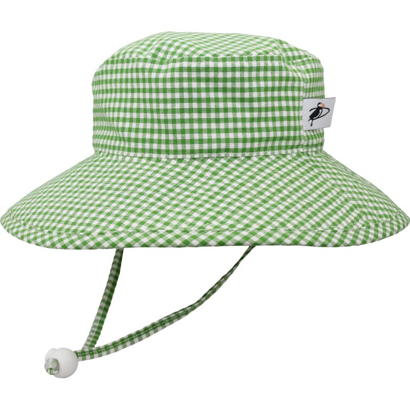 Wide Brim Child and Toddler Sun Hat-Chin Tie with Cord Lock and Safety Break Away Clip-UPF50+ Sun Protection-Made in Canada by Puffin Gear-Kelly Green and White Check