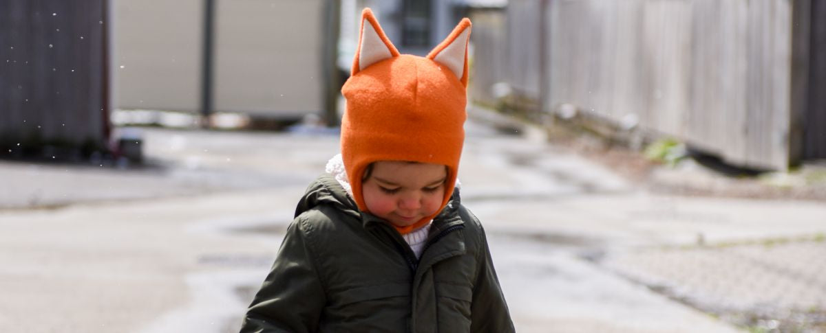 Polartec Fleece Child Fox Hat with Chinrap to keep out the wind-warm and quick dry for outdoor winter play-Made in Canada by puffin gear