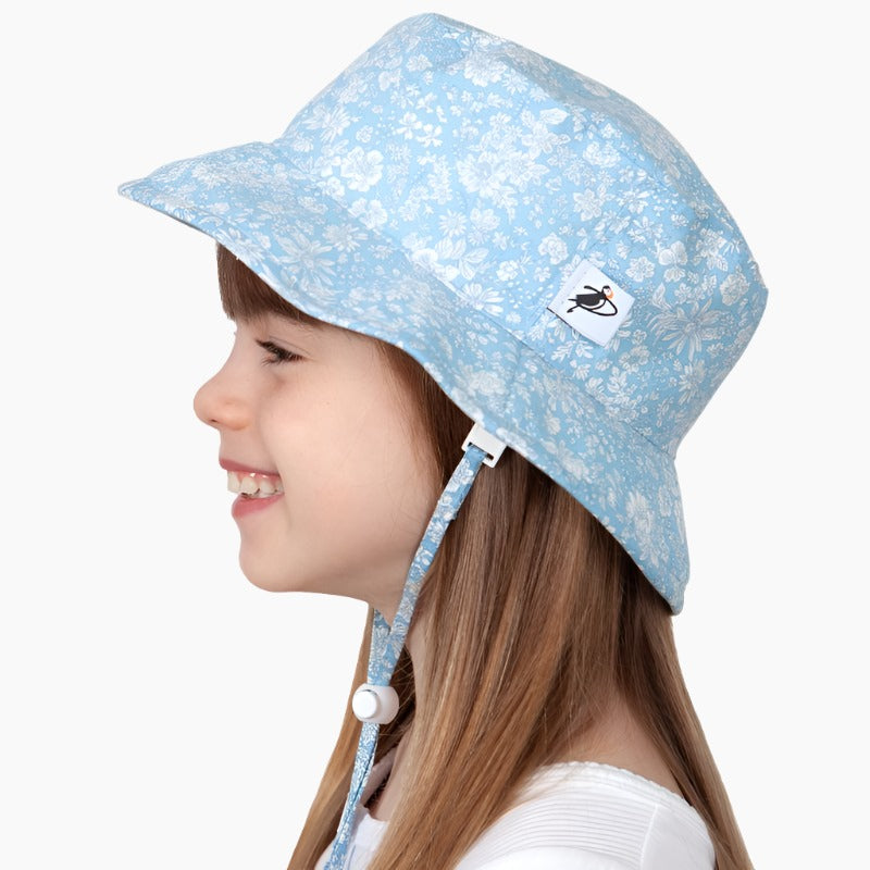 Liberty of London Cotton Print Kids Camp Hat-UPF50 Sun Protection-Made in Canada by Puffin Gear-Emily Belle Sky Blue.