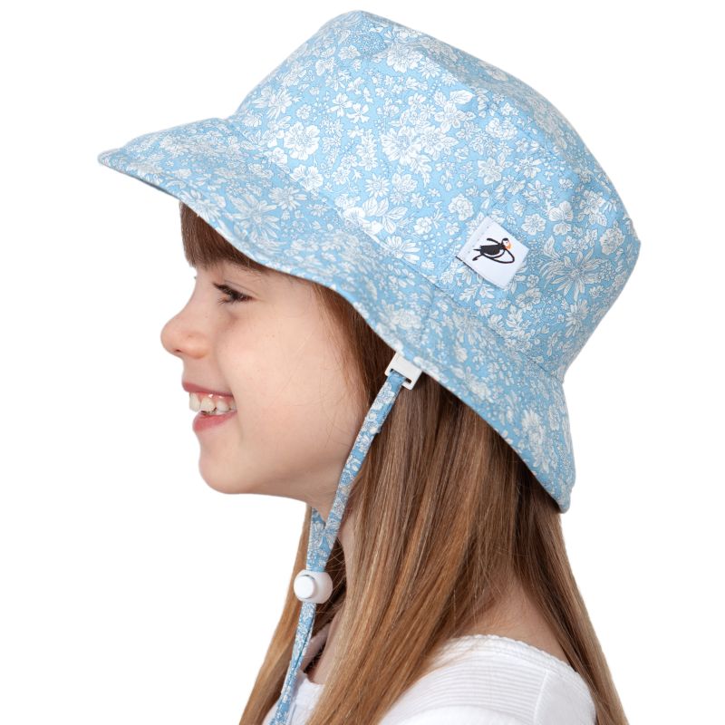 Liberty of London Cotton Print Kids Camp Hat-UPF50 Sun Protection-Made in Canada by Puffin Gear-Emily Belle Sky Blue.