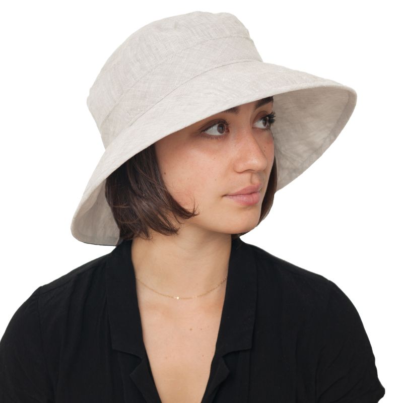 Linen Garden hat with 4 inch brim perfect for gardening, sight seeing and errands.  brim is wide enough for excellent coverage while allowing visibility-made in canada-upf50 excellent sun protection-puffin gear-natural linen