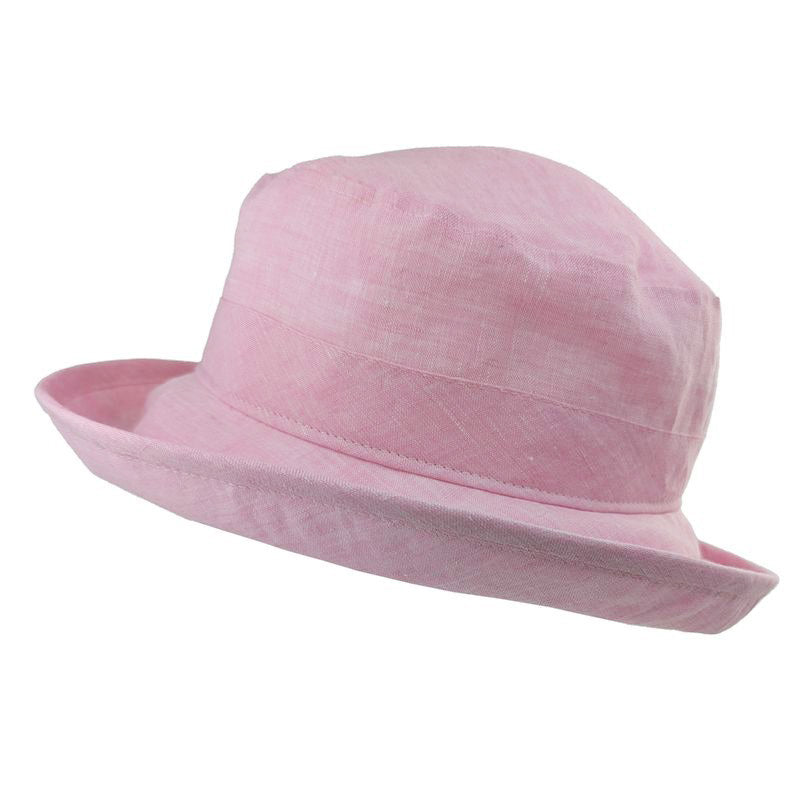 Pink Linen BoWler Sun Hat-UPF50-Chambray narrow brim hat for active wear-made in canada