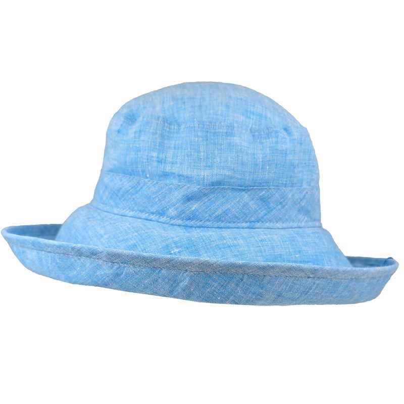 Wide Brim Classic Linen Chambray Hat-Rated UPF50+ Excellent Sun Protection-Blocks at last 98% UVA and UVB harmful radiation-lightweight 4.5 inch brim provides good coverage of face and neck. Made in Canada by Puffin Gear-Colour Aqua