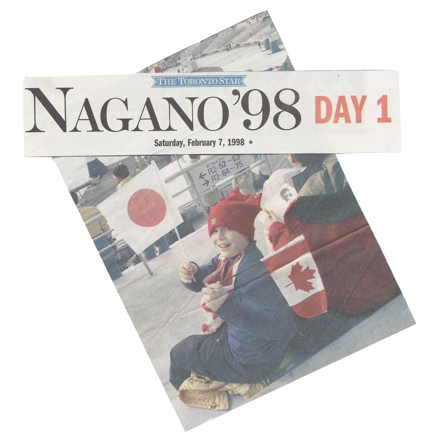 puffin gear maple leaf toque on child at opening ceremony of the Nagano Olympic Winter Games 1998-Made in Canada of course.
