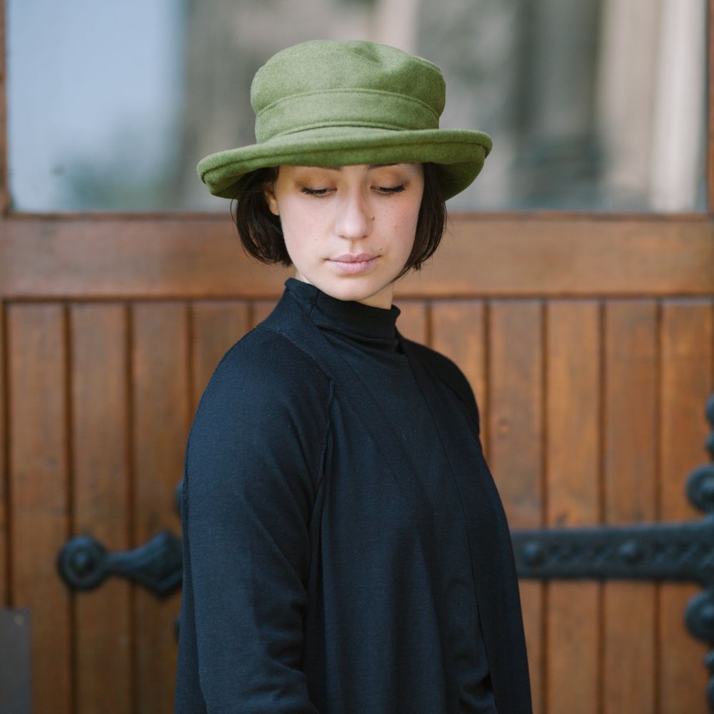Brimmed winter hat for cold weather sun protection-melton wool bowler hat-made in canada by puffin gear