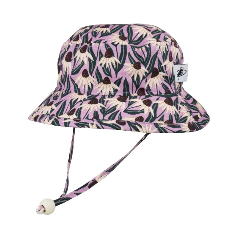 organic cotton kids camp hat-upf50 sun protection-coneflower print-made in canada by puffin gear
