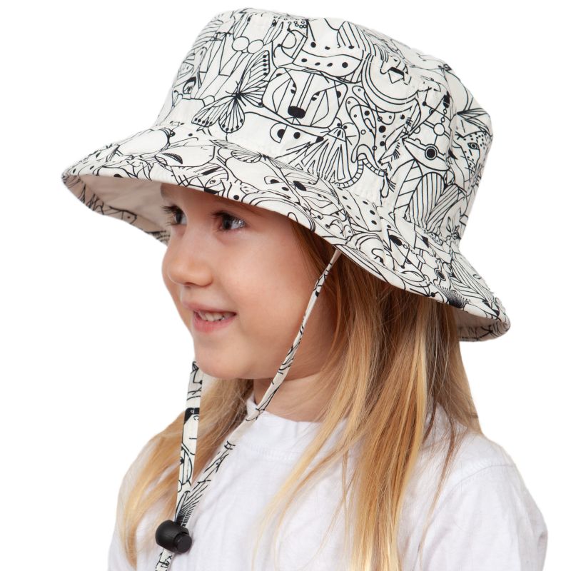 Organic cotton kids camp hat with chin tie and break away clip-upf50 sun protection0made in canada by puffin gear-charlie harper endpaper animal print