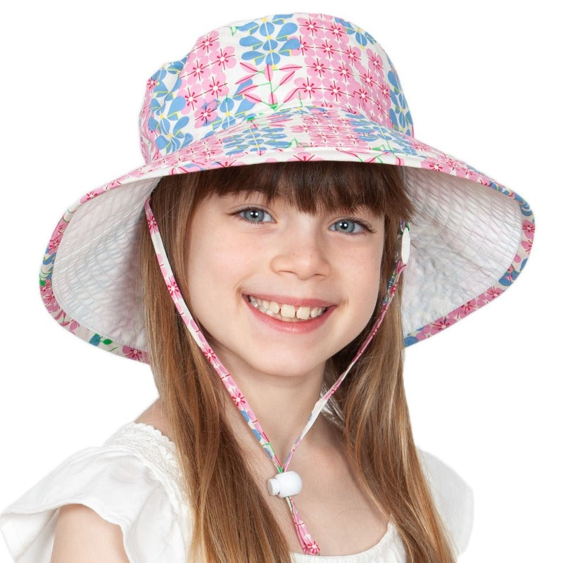 Child Wide Brim Sunbaby Hat-UPF50 Sun Protection-Chin Tie with Cordlock-Organic cotton-Charlie Harper print-Lupine and Phlox-floral print-made in Canada by Puffin Gear