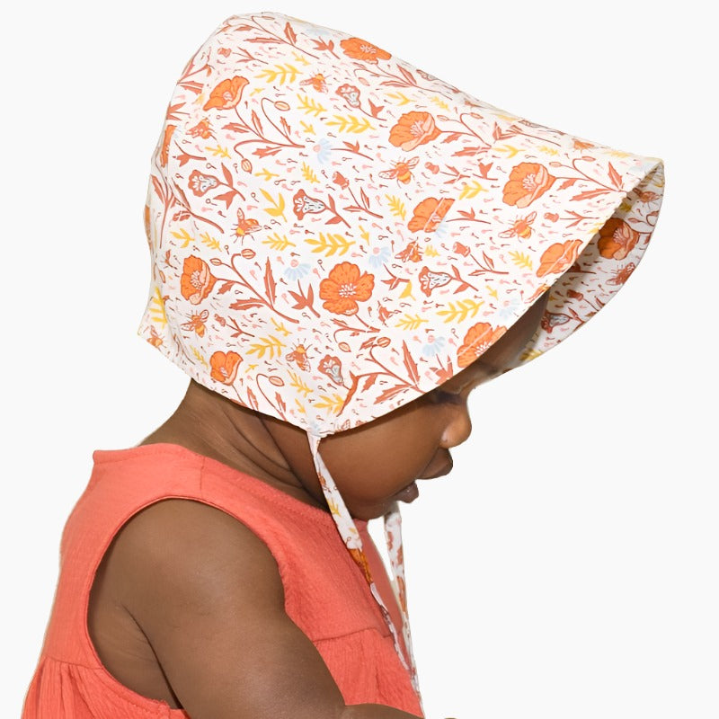Organic Cotton Infant Bonnet, Toddler Bonnet- Beautiful Pollinator Garden Print, Chin Tie with cordlock for easy adjustment keeps bonnet in place-tested and rated UPF50 Excellent Sun Protection-Baby sun Hat-Sustainably Made in Canada by Puffin Gear