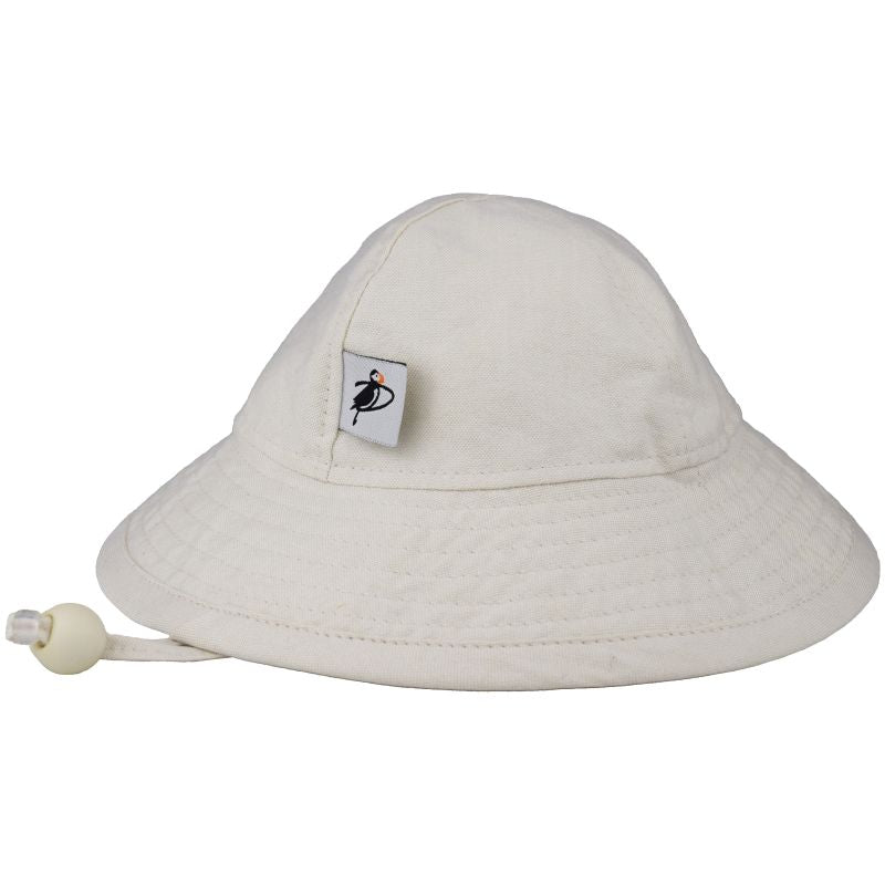 Infant Brimmed Sunbeam Hat with Chin Tie and Safety Breakaway Clip-Rated UPF50 Sun Protection-Made in Canada by Puffin Gear-Cotton Oxford in Bone Natural