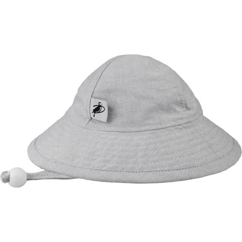 Infant Brimmed Sunbeam Hat with Chin Tie and Safety Breakaway Clip-Rated UPF50 Sun Protection-Made in Canada by Puffin Gear-Cotton Oxford in Grey