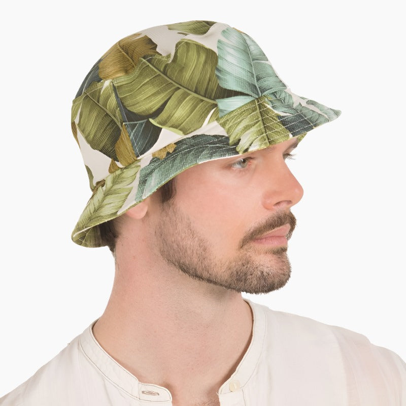 Barkcloth vintage palm print bucket hat with UPF50+ Sun Protection-Made in Canada by Puffin Gear-Tropical Breeze