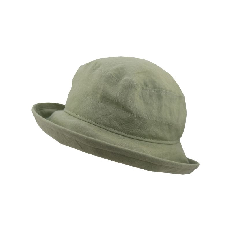 Patio Linen Bowler with 3 inch brim, UPF50 Sun Protection, Linen has rich texture and patina-Made in Canada-sage green hat