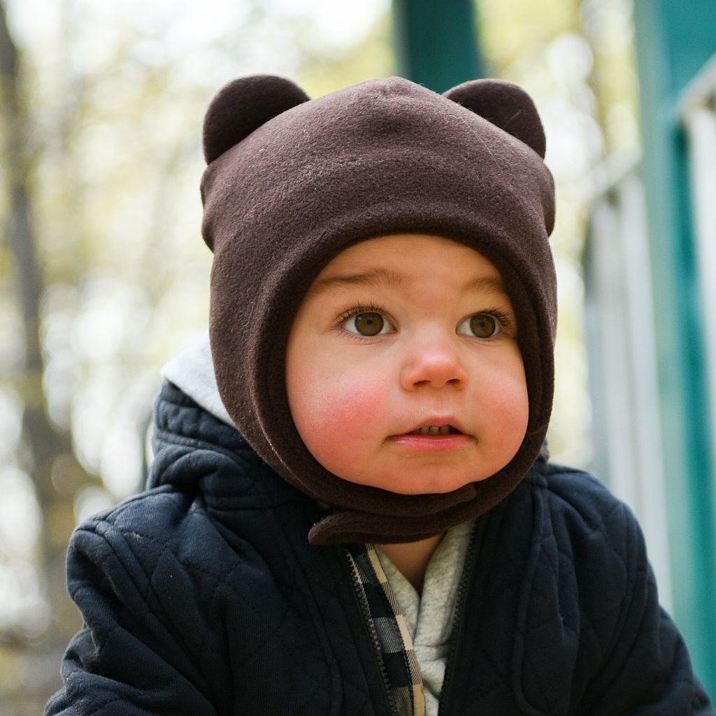 Kids Polartec Classic 200 Series Fleece Bear Hat with chinwrap .  Designed for cold weather play in Canada by Puffin Gear.