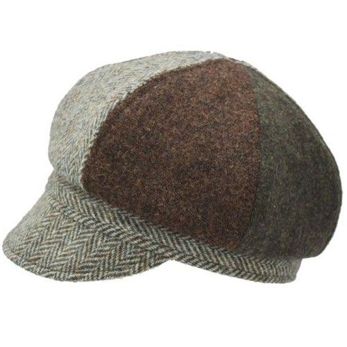 Harris Tweed wool newsboy cap in copper, moss green and herringbone on white background