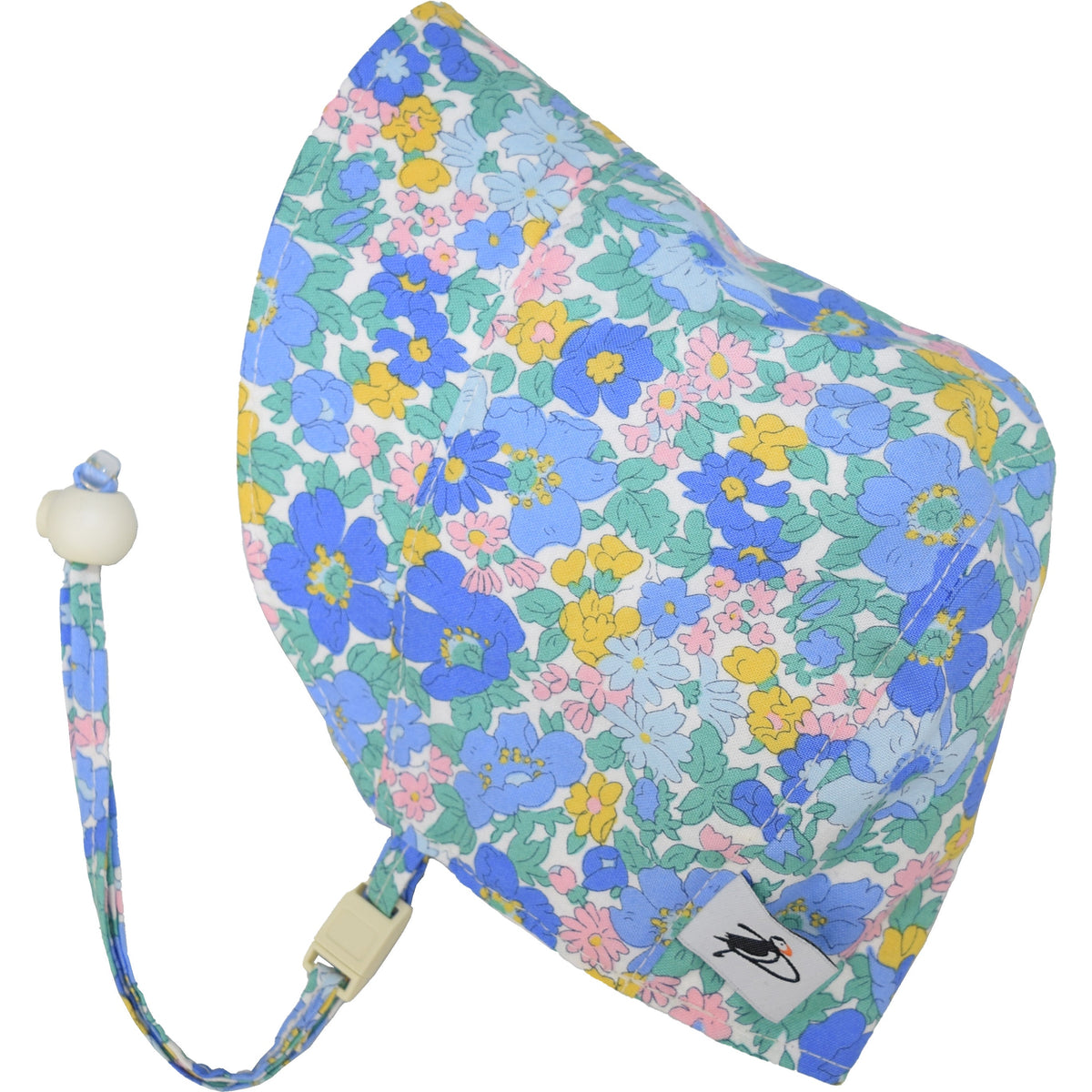 Infant and Toddler Sun Protection  Summer Bonnets with UPF50 Sun Protection. A chin tie with toggle and break away clip keep bonnet safely on head. Made in Canada by Puffin Gear -Liberty of London Cosmos Flower Print