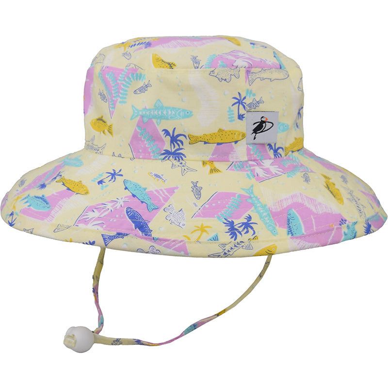 Puffin Gear Wide Brim Sunbaby Sun Hat with Chin Tie-UPF50+ Sun Protection-Made in Canada-Hawaiian Beach Shirt Vintage Print-Yellow Snorkel