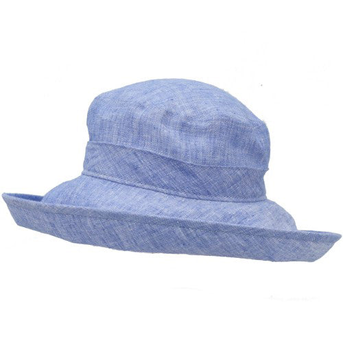 Wide Brim Classic Linen Chambray Hat-Rated UPF50+ Excellent Sun Protection-Blocks at last 98% UVA and UVB harmful radiation-lightweight 4.5 inch brim provides good coverage of face and neck. Made in Canada by Puffin Gear-Colour Indigo Blue