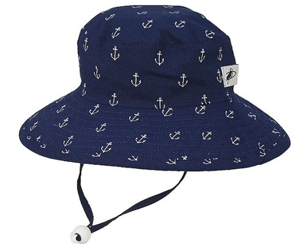 kids wide brim upf50 sun hat with chin tie in navy anchor print