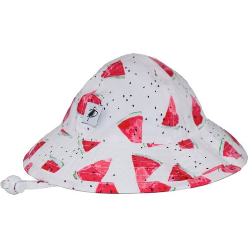 Infant Brimmed Sun Hat with Chin tie and safety breakaway clip-UPF50 sun protection-Made in Canada by Puffin Gear-Day at the Beach Watermelon Print 