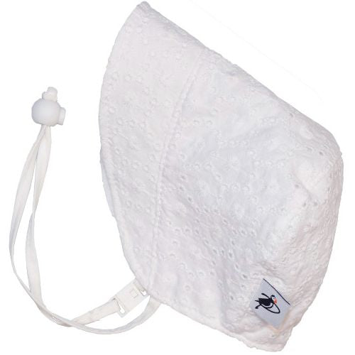 Puffin Gear UPF50+ Sun Protection Infant and Toddler Bonnet-Made in Canada-White Eyelet