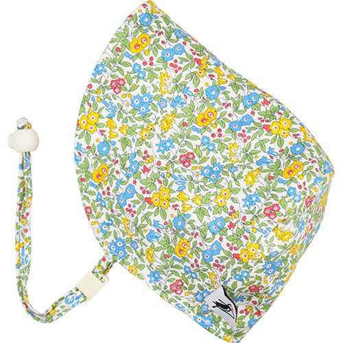 Liberty of London Print Infant and Toddler UPF50 Sun Protection Bonnet. Liberty of London Flower Show in Blue. Made in Canada