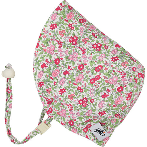 Liberty of London Print Infant and Toddler UPF50 Sun Protection Bonnet. Liberty of London Flower Show in Pink. Made in Canada