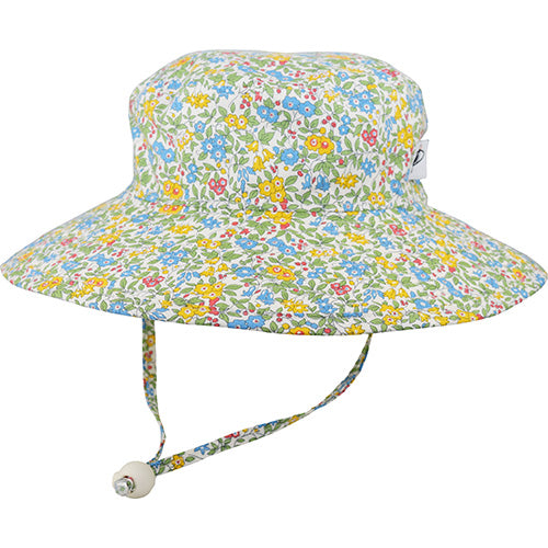 Child Wide Brim Sunbaby Hat with Chin Tie, Cord Lock-Rated UPF50+-Made in Canada by Puffin Gear-Liberty of London Flower Show Blue