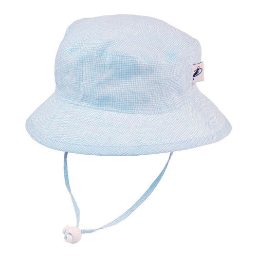 lightweight linen kids camp hat-upf50 sun protection-chin tie with toggle and breakaway clip-made in canada by puffin gear-sky  blue and white check