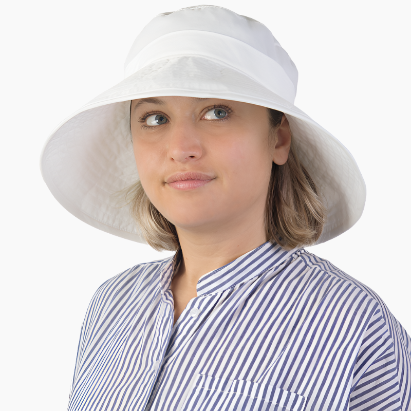 Solar nylon wide brim classic summer hat with built in UPF50 sun protection that won&#39;t wear off. wide brim provides full coverage of face-made in canada by puffin gear-white