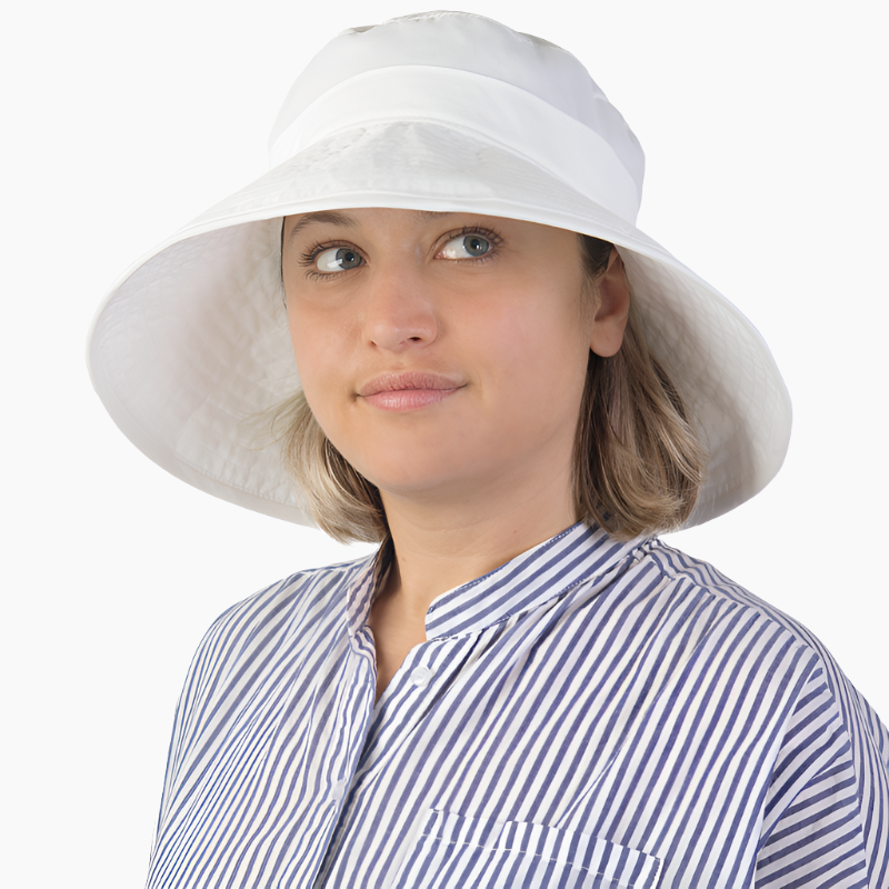 Solar nylon wide brim classic summer hat with built in UPF50 sun protection that won't wear off. wide brim provides full coverage of face-made in canada by puffin gear-white