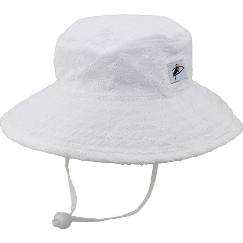 Puffin Gear Child UPF50 Sun Protection Wide Brim Sunbaby Hat-White Eyelet Lace
