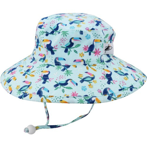 kids wide brim sun hat in a fun toucan tropical print
