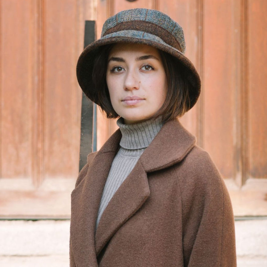 Woman wearing Harris Tweed Wool Brimmed Hat for sun Coverage