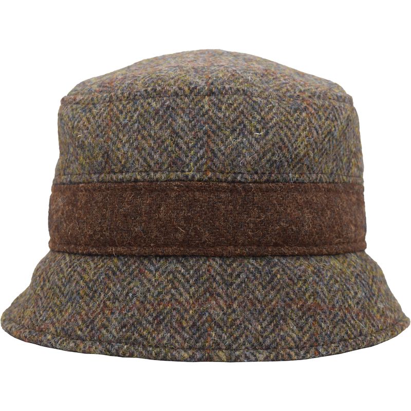 Herringbone Harris Tweed Wool Bucket Hat in copper and brown tones on white background
