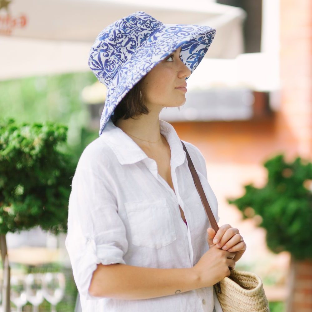 linen print wide brim sun protection hat-rated upf50 excellent sun protection, beautiful prints of your favourite garden oasis, made in canada by puffin gear-travel hat-packs flat