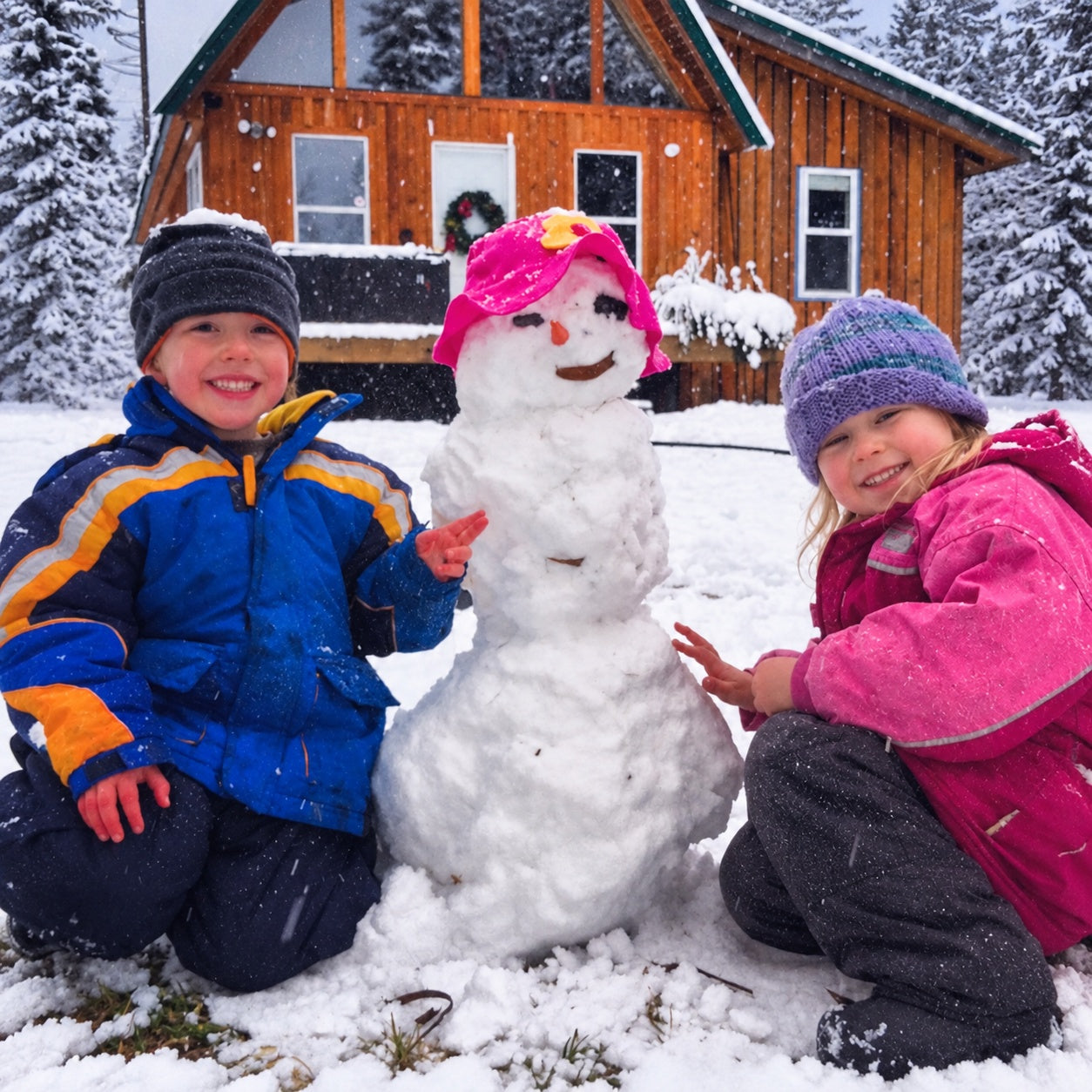 Two children kneeling in the snow next to a snowman wearing a pink hat, with a wooden cabin and snow-covered trees in the background.