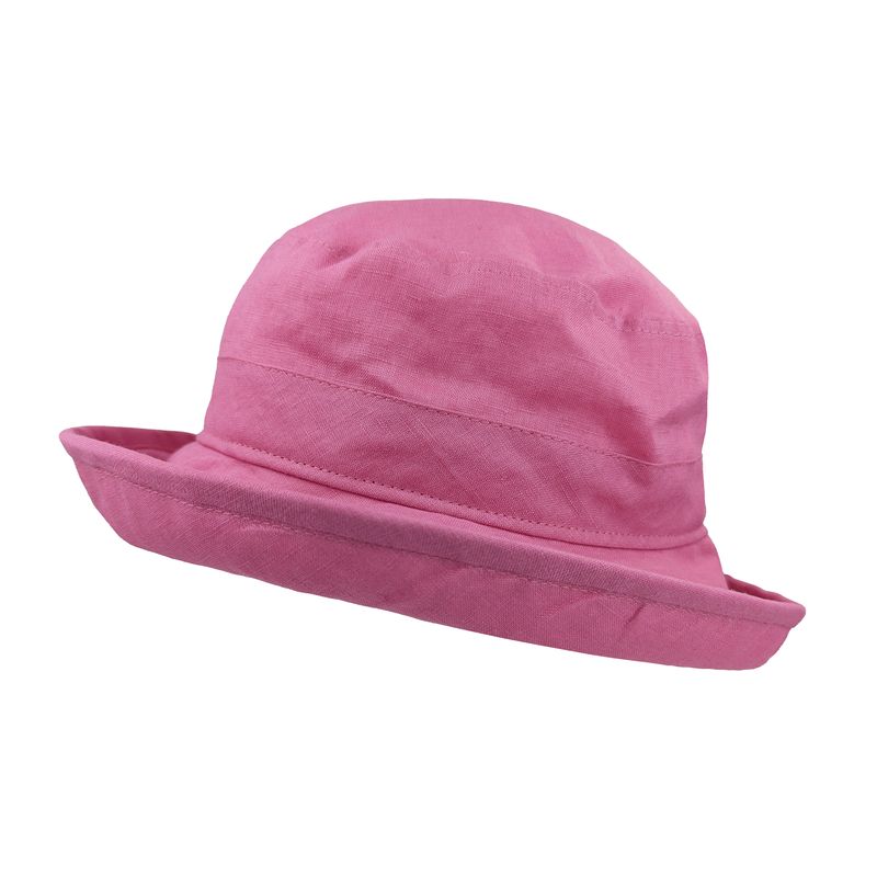 Pink linen bowler hat rated upf 50+ sun protection. lightweight sun hat made in canada by puffin gear