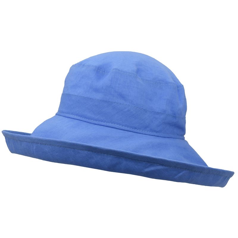 Wide brim linen hat with upf50 sun protection rating made in canada by puffin gear - colour periwinkle blue