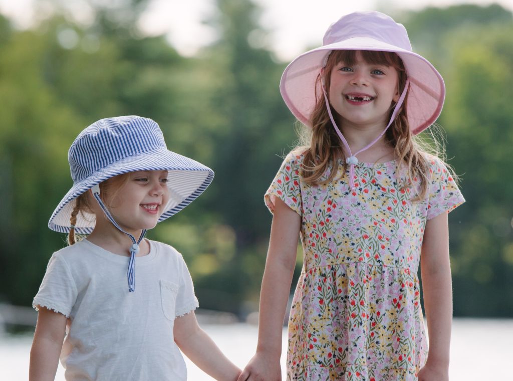 Best Kids Sun Hats, Wide Brim Sunbaby hat with chin tie, cordlock and safety break away clip-rated UPF50+ Excellent Sun Protection-Made in Canada-choose from cotton prints, classic oxford cotton or solar nylon