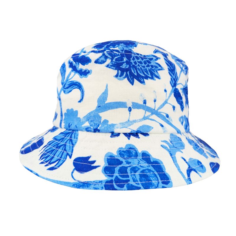 Linen bucket hat in blue and white botanical floral print-upf50 sun protection-made in Canada by puffin gear