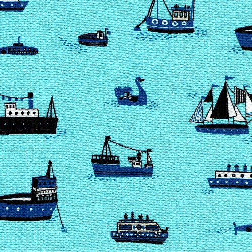 Printed Kona Cotton with ships, paper boats, tug boats, sail boats fabric