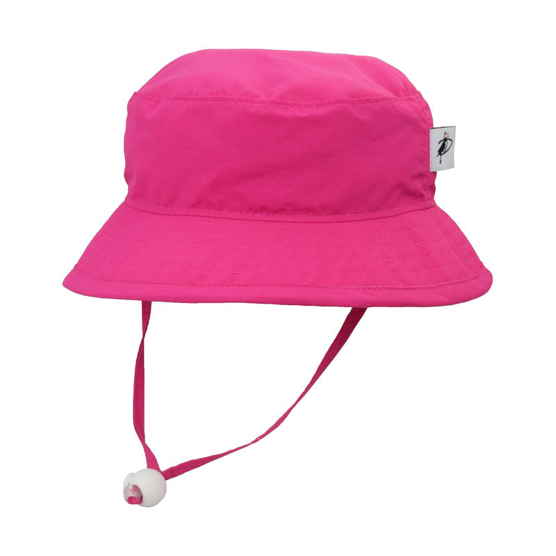 azalea pink solar nylon kids camp hat with UPF50 sun protection rating, chin tie has toggle and safety breakaway clip, made in canada by puffin gear, quick dry perfect for a day at beach